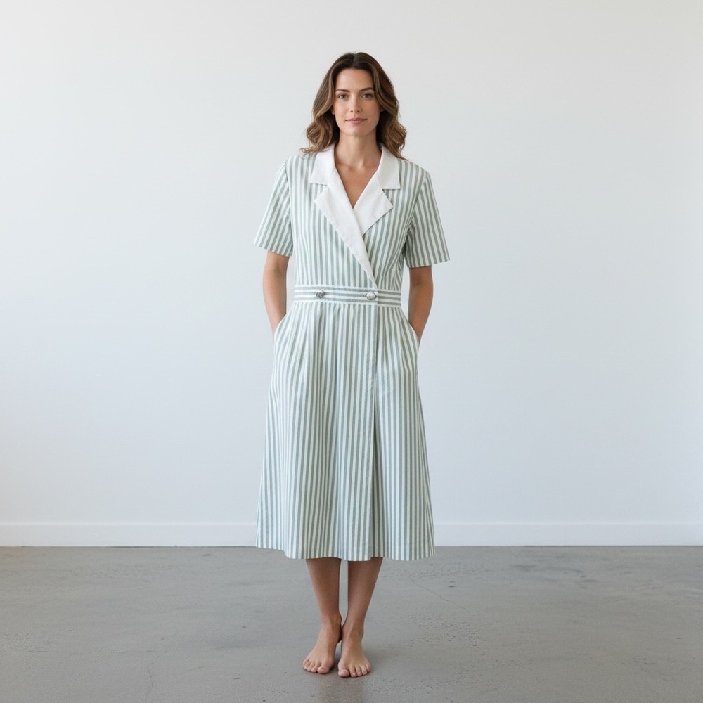 Vintage Stripe Midi Shirt Dress 14 Green White Uniform Double Breasted